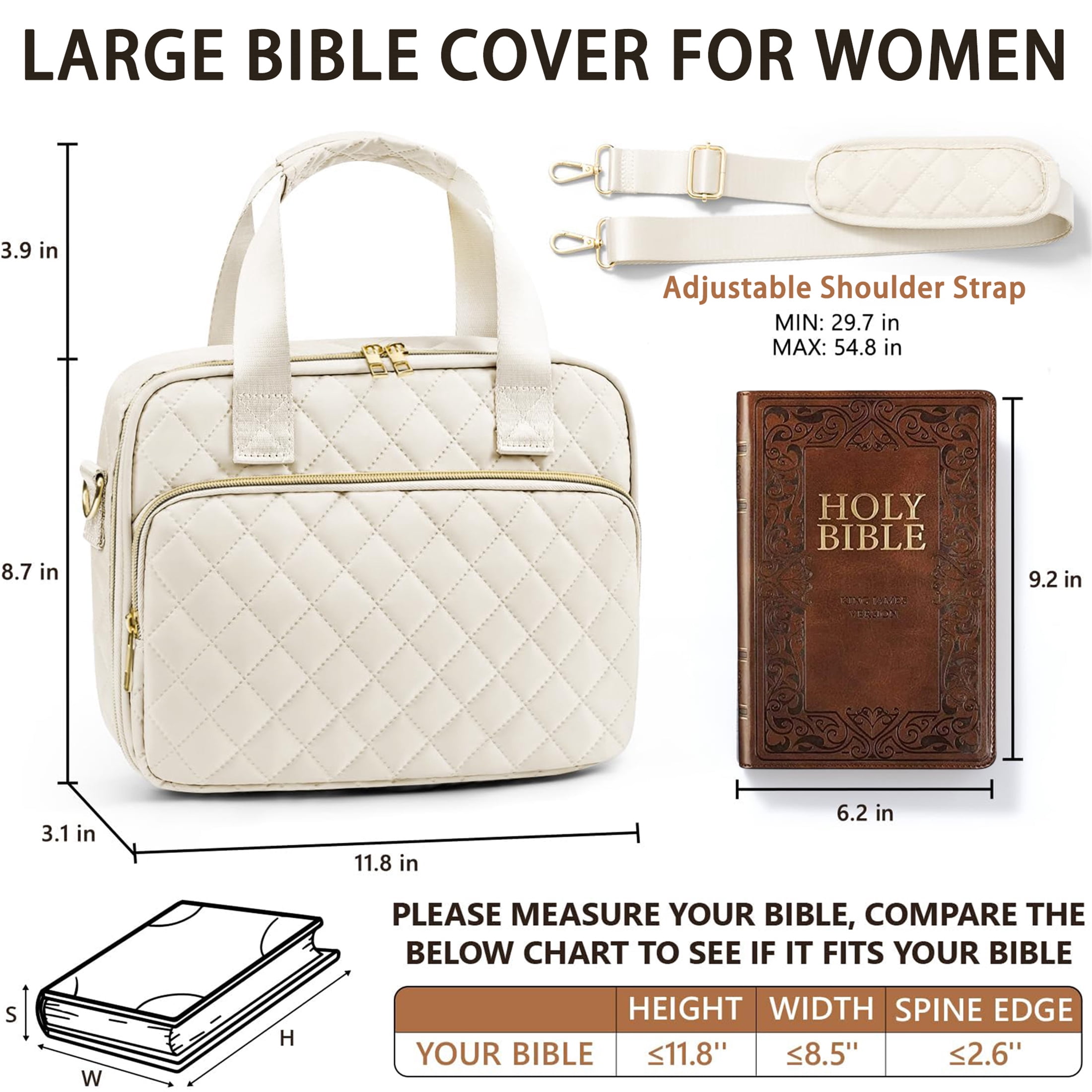 Bible Cover Case for Women, Large Bible Tote Bags Quilted Carrying Case with Shoulder Strap, Bible Study Supplies Journaling Kit, Christian Gift for Womenn (Beige)