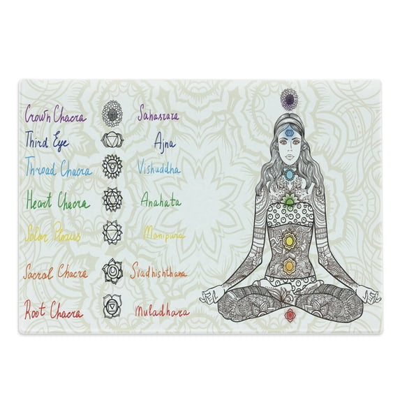 Colorful Cutting Board, Sketch Image of Yoga Posed Girl in Peace with Spots Design Relaxation, Decorative Tempered Glass Cutting and Serving Board, Large Size, Multicolor, by Ambesonne