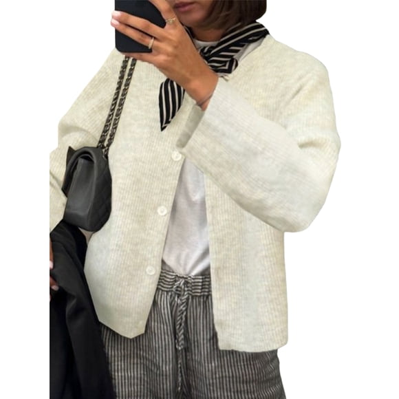 Gupgi Cardigan Court Tricoté pour Femmes Chandail Uni à Manches Longues Boutonné Ouvert à l'Avant Chandails Décontractés
