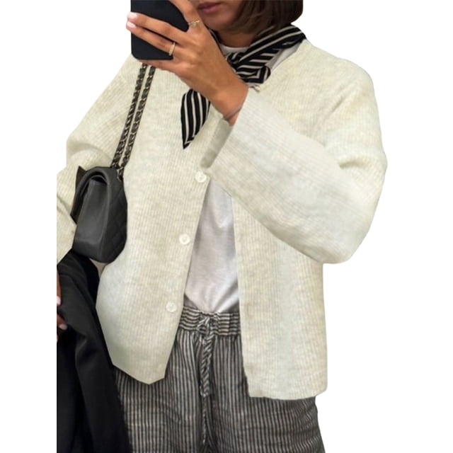 Gupgi Women Knitted Crop Cardigan Solid Color Sweater Long Sleeve Button Down Open Front Casual Knitwear Tops