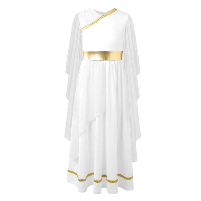 Hansber Robe Toge Grecque Romaine Antique pour Filles Enfants Robe de Princesse Fête Déguisement Halloween Costume Blanc 10