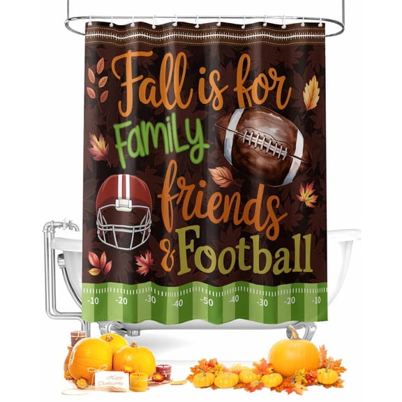 Fall Shower Curtain Football Sport Bathroom Curtains with Hooks, Waterproof Fabric Autumn Maple Leaves Rugby Thanksgiving Bath Shower Curtains Set for Bathroom Bathtubs Decor 72x72 Inch