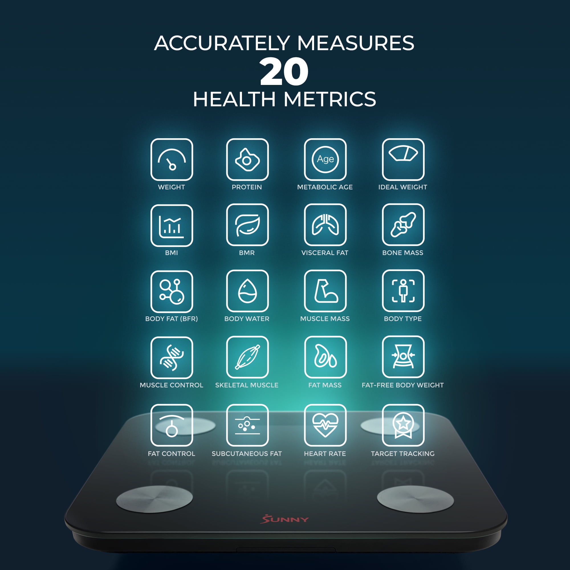 Sunny Health & Fitness Smart Body Composition Scale with 20 Health Metrics, Bluetooth Sync & SunnyFit App Trainer‑Led Workouts