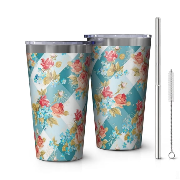 16oz Tumblers Pioneer Flower Floral Print Pattern Stainless Steel Vacuum Insulated Double Wall Travel Tumbler Cups Mug with Lid and Straw,Cleaning Brush for Coffee,Tea