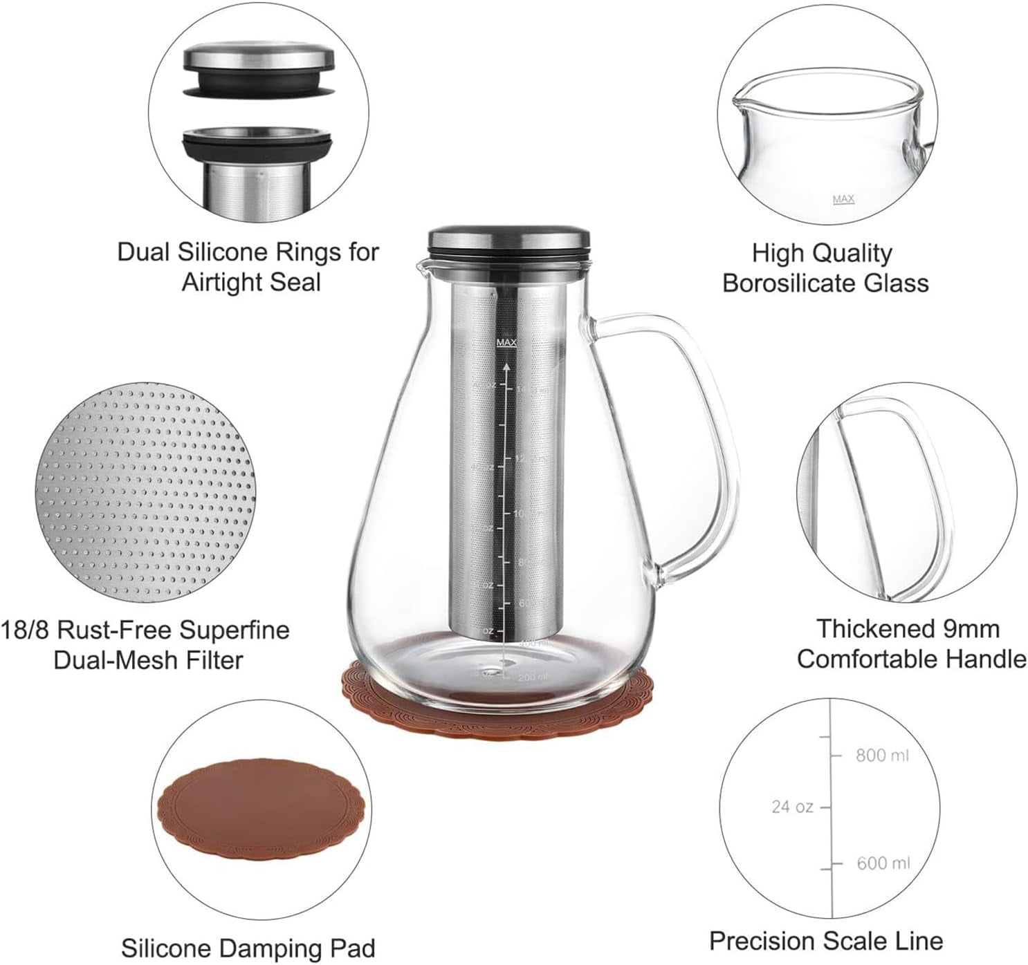Cold Brew Iced Coffee Maker 51oz, Brewed Coffee Pitcher with Removable Double Mesh 304 Stainless Steel Filter, BPA-Free Glass Container and Tea Maker