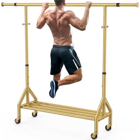 100% Stainless Steel Clothing Rack, Ultra-Stable Heavy Duty Clothes Rack W/Reinforced Rubber Ring, Extendable Adjustable Rolling Garment Racks W/Sturdy Wheel for Portable Hanging Clothes