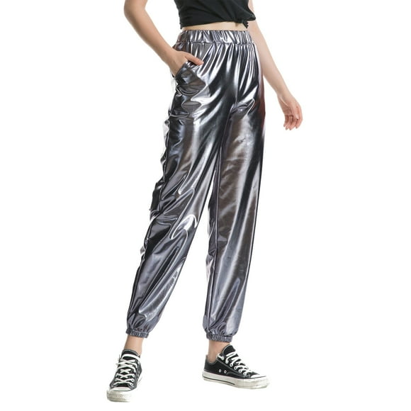 Pantalon Décontracté Femme Fashion Loose Casual Pants Street Style Slacks in Metallic Color Trousers Dress Pants Woman Grey XL