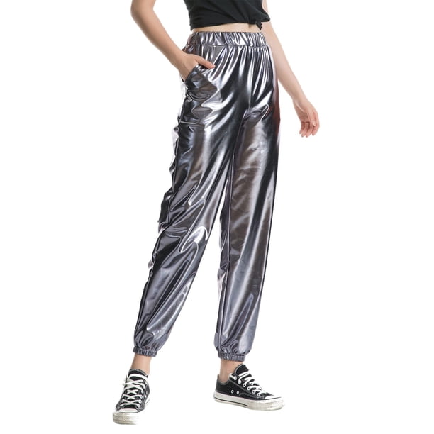 Pantalones anchos metalizados para mujer: pantalones informales con cintura elástica, material ligero similar al cuero para primavera/verano