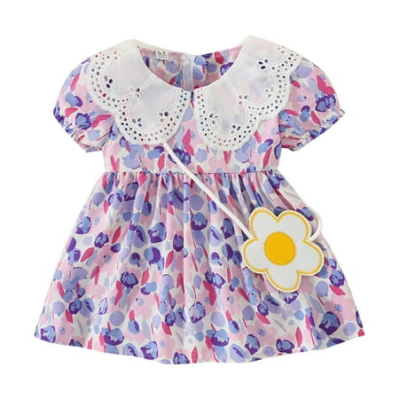 

Girls Dresses Summer Toddler Short Sleeve Floral Prints Lace Ruffles Princess Dance Party Clothes Sun Dress