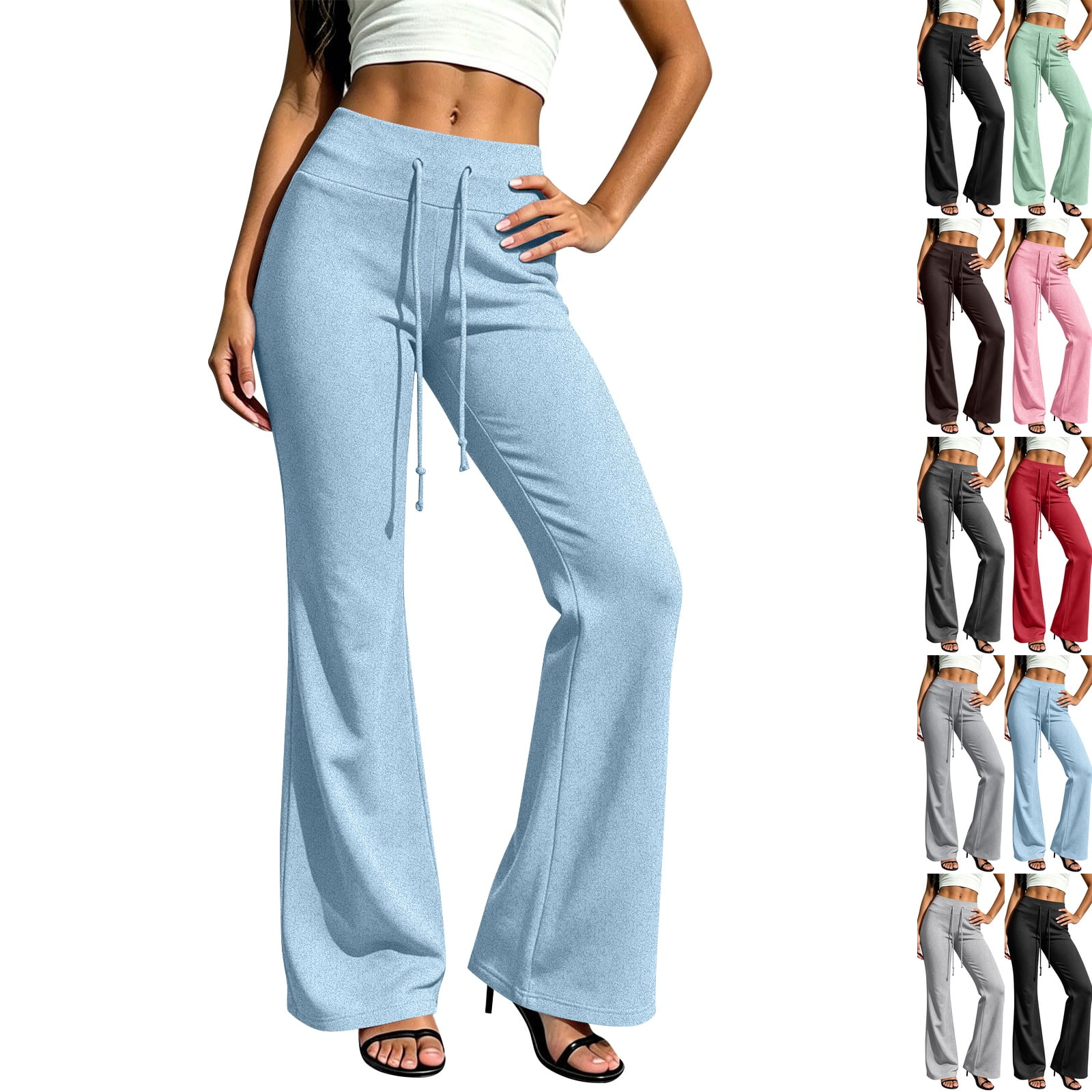 Womens Casual High Waist Flare Sweatpants Elastic Drawstring Wide Leg Workout Yoga Pants with Pockets Sky Blue XL