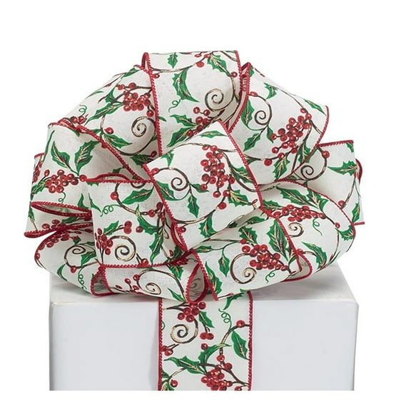 Holly and Berries on a Swirling Vine - Gold Glitter Accents - Holiday Wired Ribbon - 2.5 Inches Wide x 20 Yards (9741715) - Christmas Ribbons, Wreath Ribbons