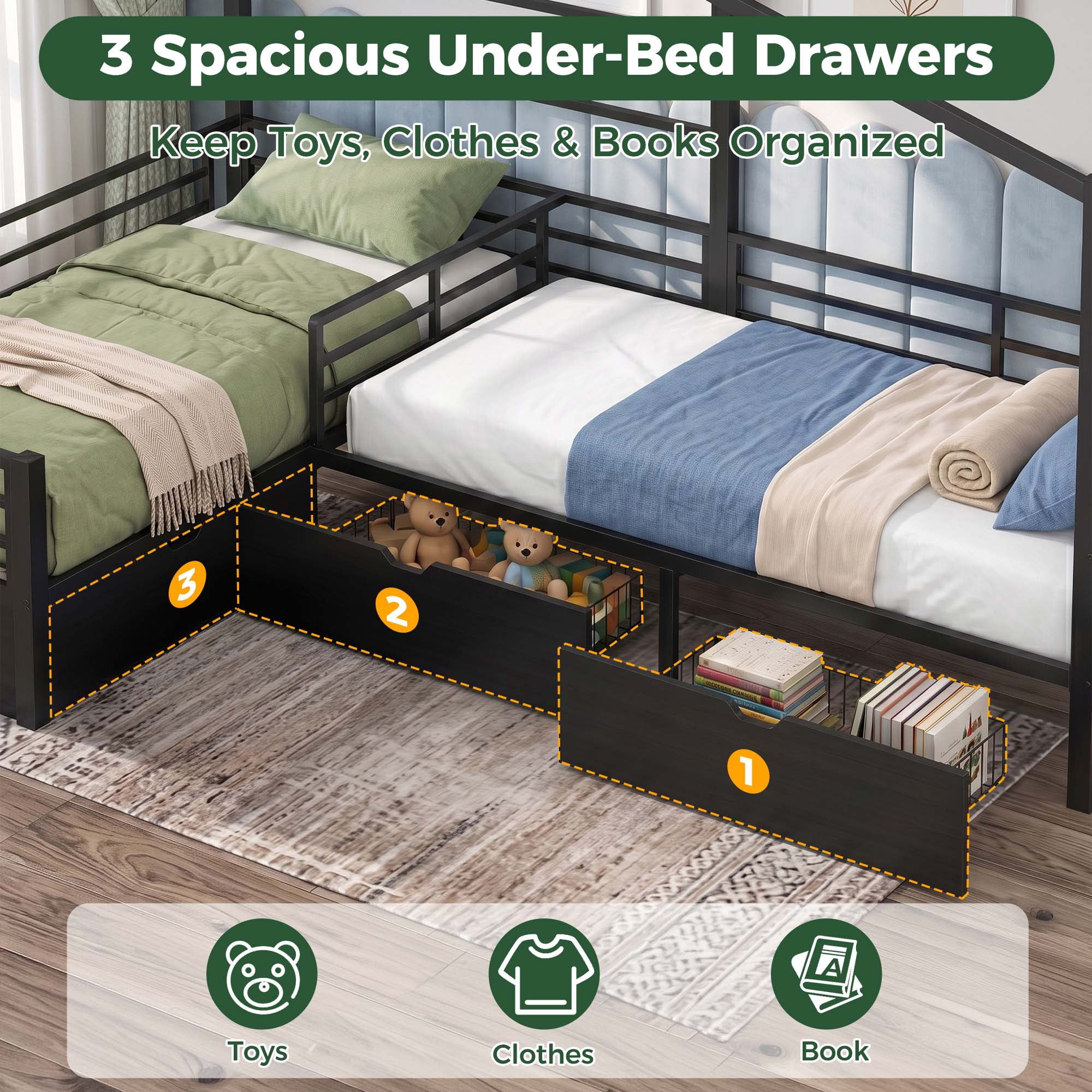 Miniyam Twin Over Twin Bunk Bed with Storage Drawers,Black
