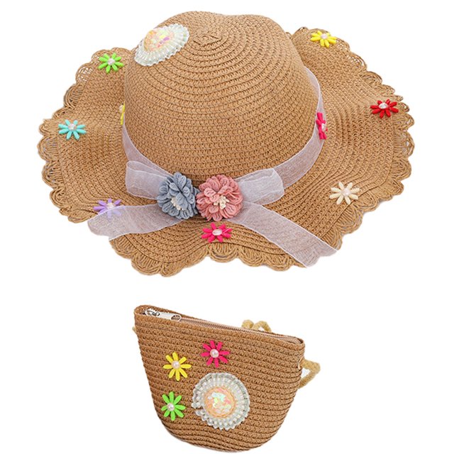 Sombrero de paja para mujer con circunferencia de 56-58 cm, sombrero de verano con cinta floral, sombrero protector solar y conjunto de bolsa de paja