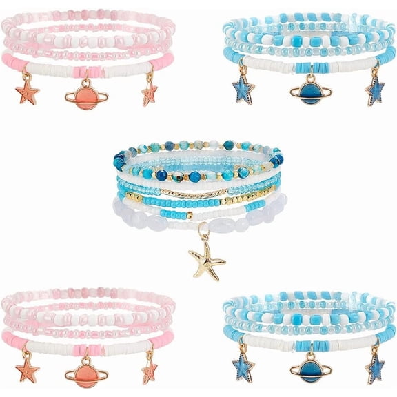 5 Sets(18pcs) Boho Bead Bracelets Seed Bead Bracelets Polymer Clay Bead Bracelets Stackable Bracelets Bracelet Sets Beaded Anklet Bracelet for Women Summer Beach Jewelry diy