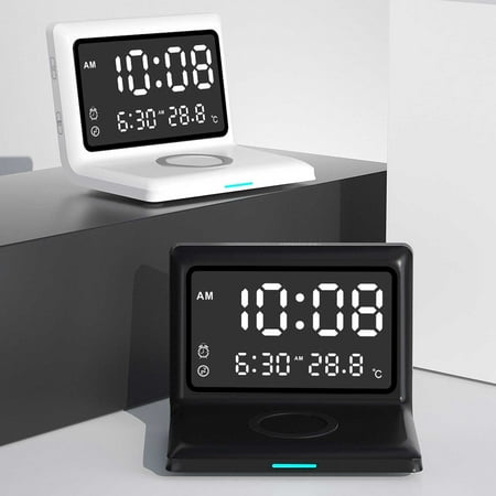 2Pcs Wireless Charging Alarm Clock, Yannianjz Wireless Charging Alarm Clock, 3-in-1 Fast Charger with LED Display for iPhone Samsung, Bedside Nightstand Clock with Dimmer