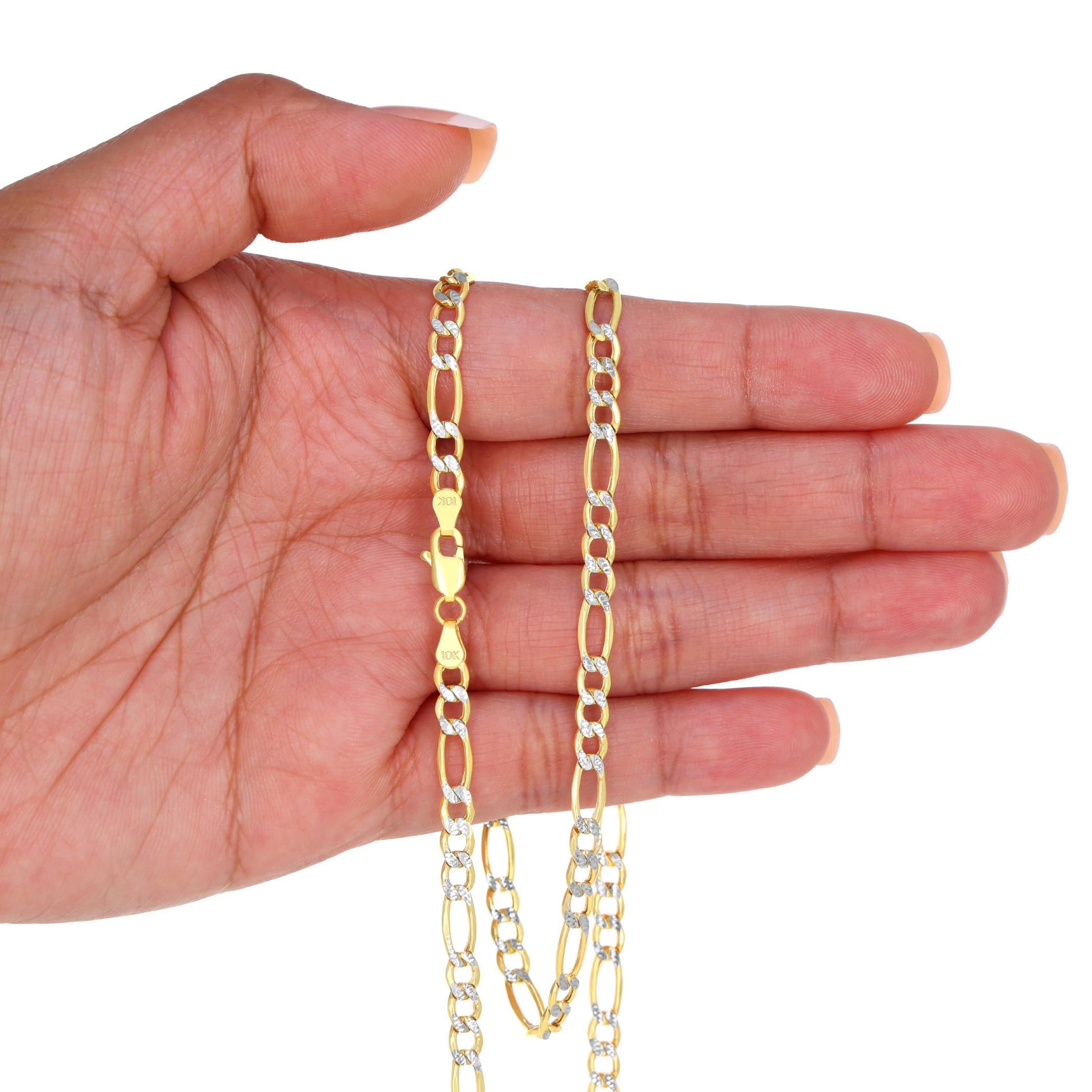 Nuragold 10k Real Yellow Gold Figaro Link 4.5mm Diamond Cut Two Tone Pave Chain Bracelet (7"-9") Italian Jewelry for Men & Women