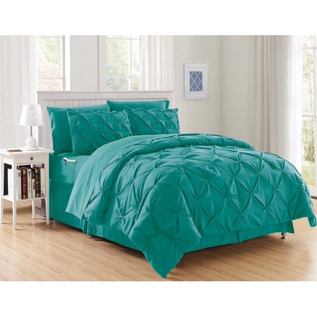 Cozy & Soft 8-Piece Bedding Set - Includes Comforter, Smart Sheet Set, Bed Skirt, Matching Pillowcases and Shams, Pintuck Design, King/California King, Turquoise Comforter Set