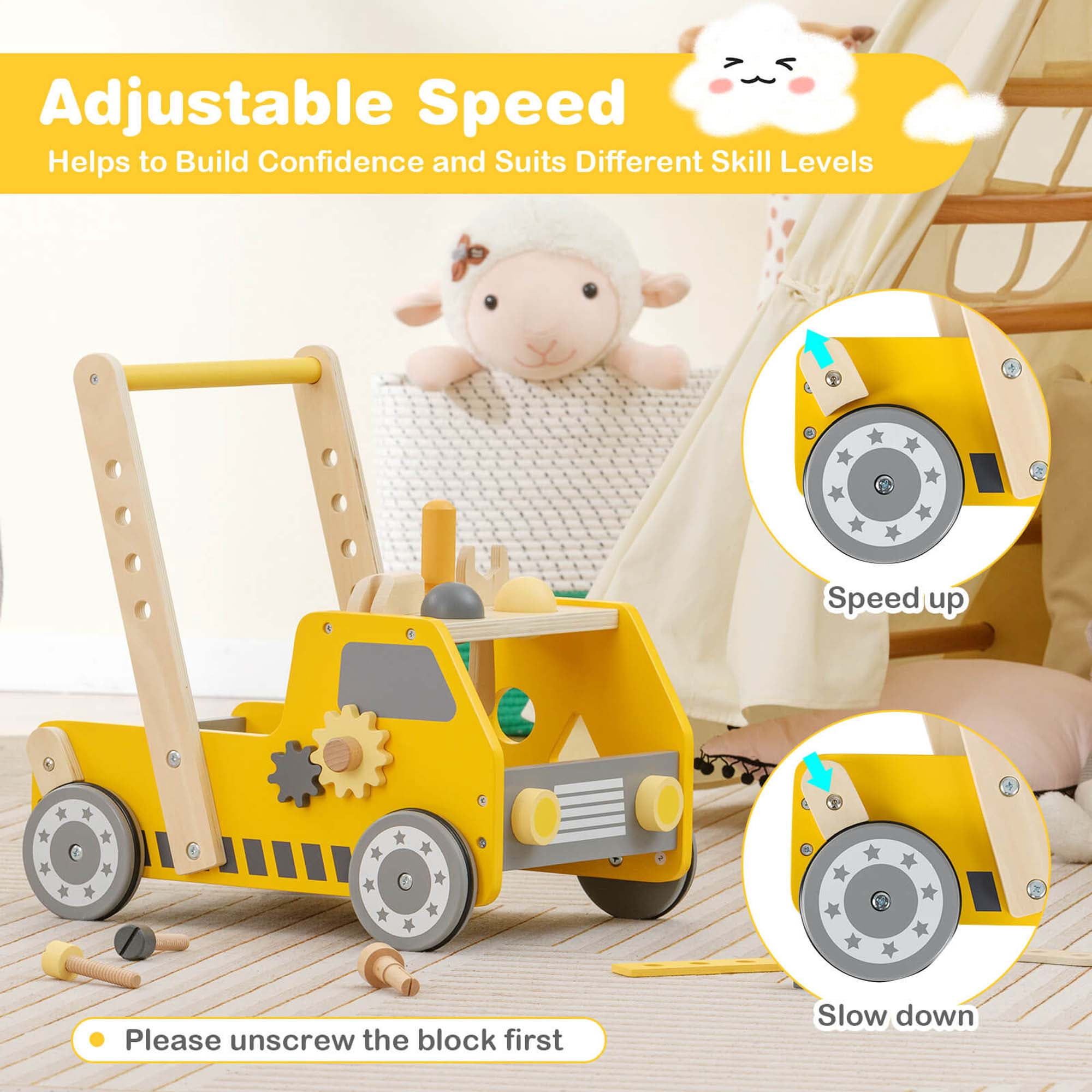 Costway 2-In-1 Montessori Wooden Baby Walker with Learning Activities Adjustable Speed