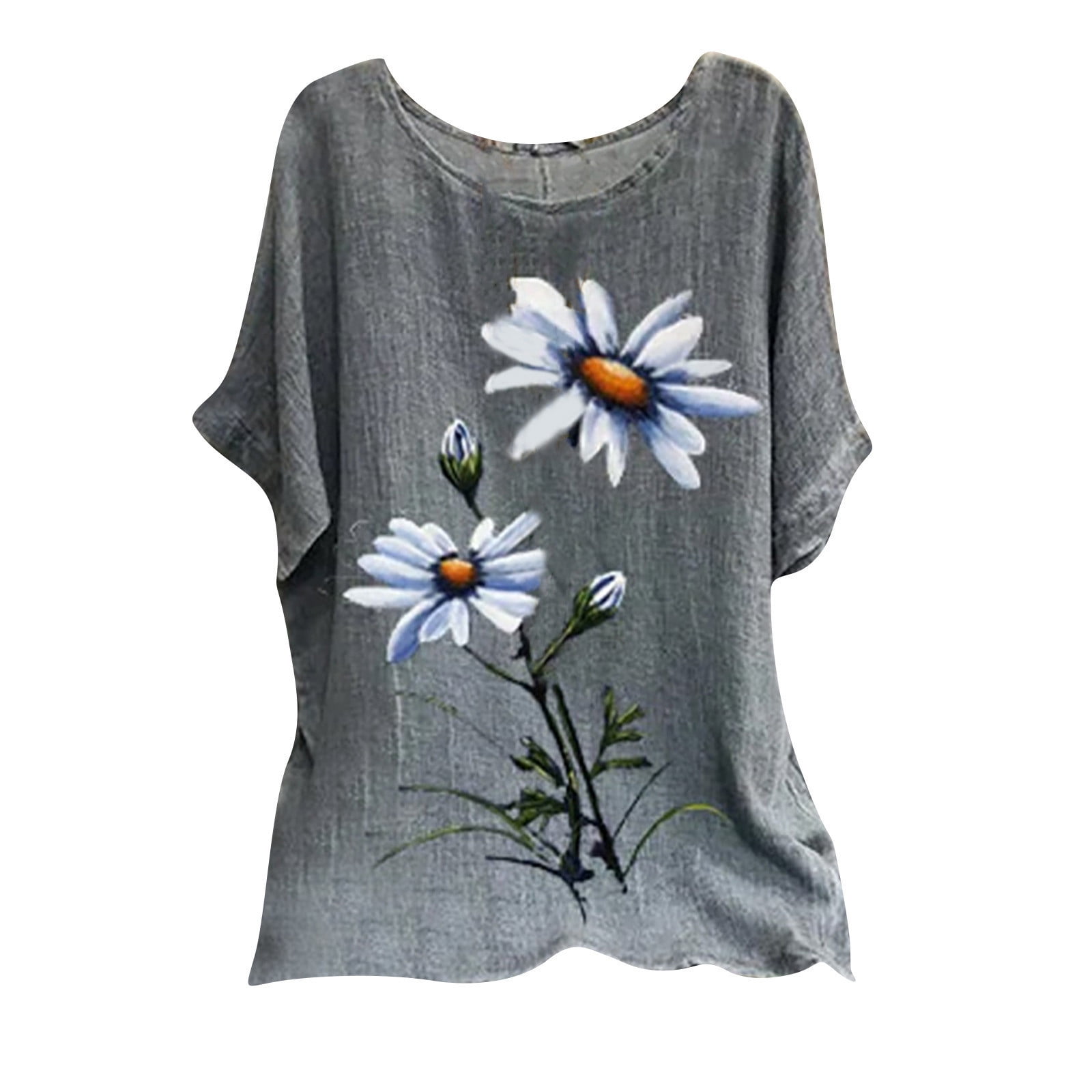 Vintage Flower Pattern Shirts for Women Fashion Round Neck Shirt Casual Short Sleeve T-Shirt Top Blouses L