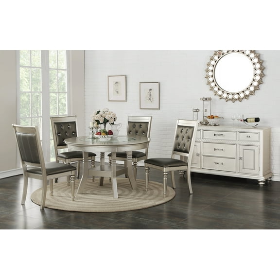 Traditional Formal Round Dining Table 4x Side Chairs Tufted Back Seats Upholstered Kitchen 5pc Set Silver Dining Room Furniture
