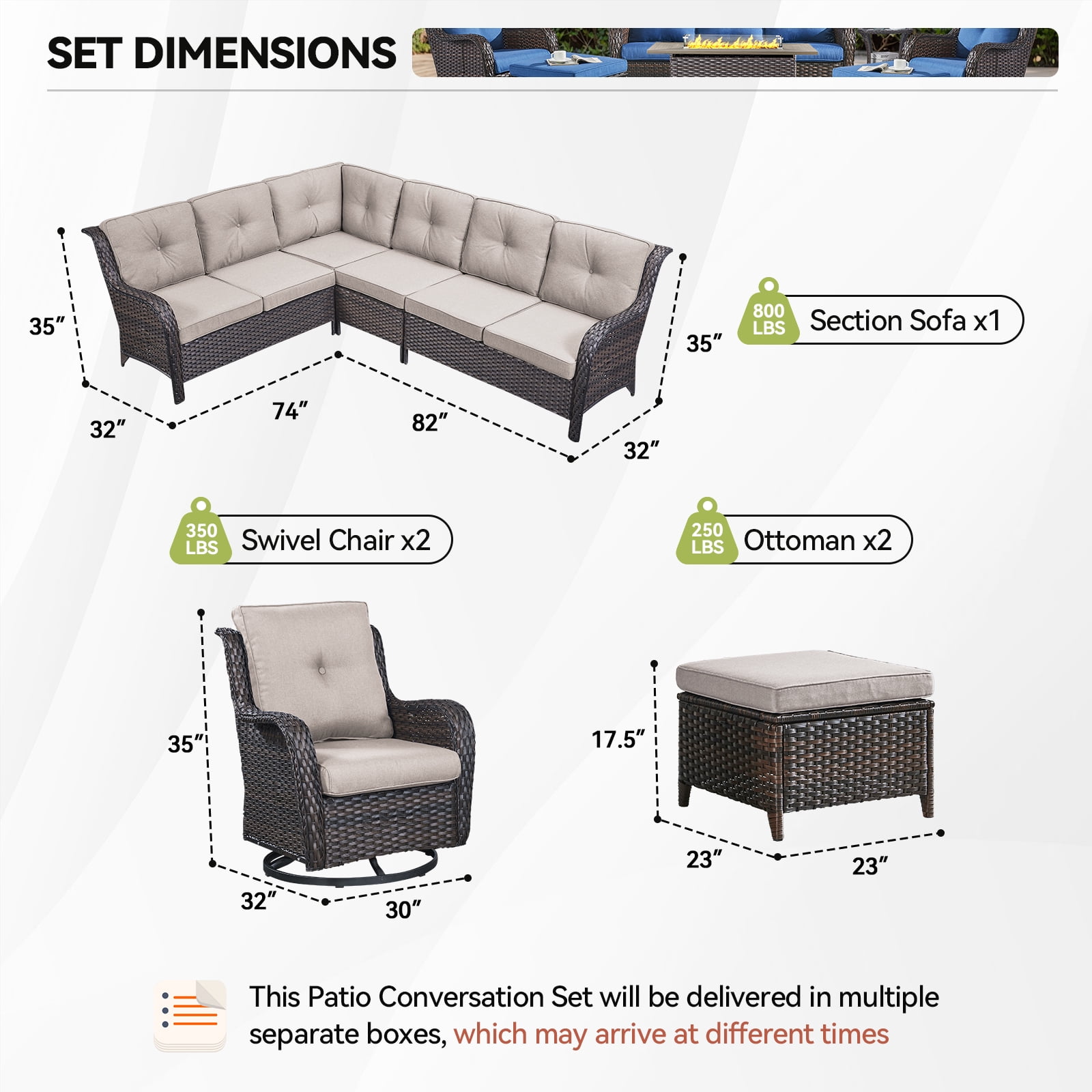 Gymojoy 6-Piece Outdoor Sectional Furniture Set,Wicker Patio Conversation Sets,L Shape All Weather Outside Couch Sofa Set with Swivel Chairs Ottoman,Brown