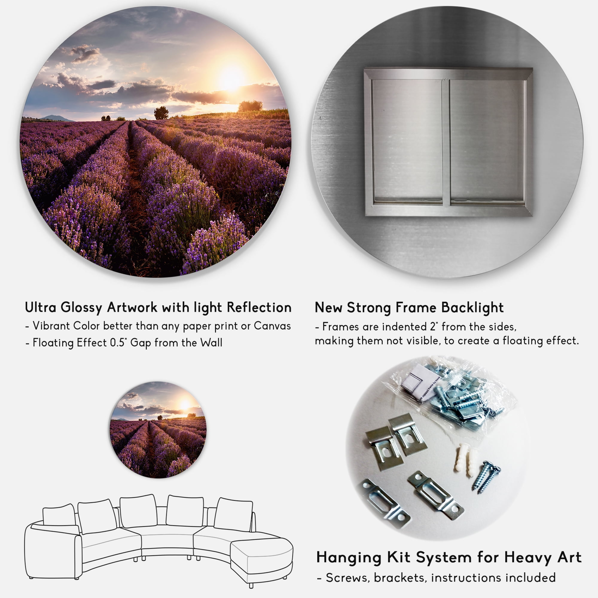 Designart 'Dramatic Clouds and Sunrise Over Lavender Field V' Farmhouse Circle Metal Wall Art 11x11 - Disc of 11