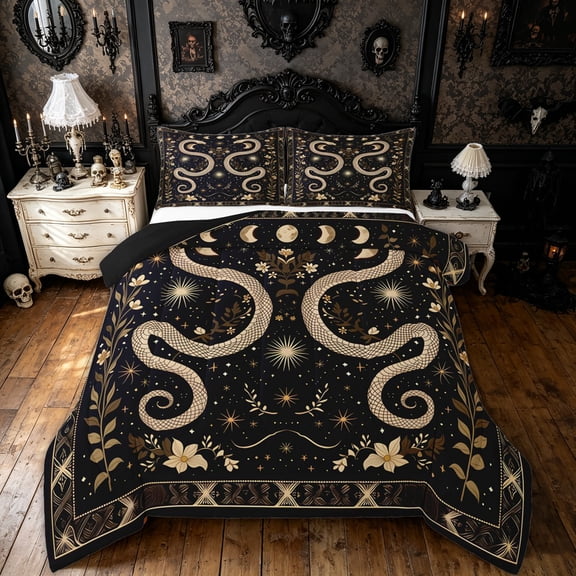 Feelyou Boho Snake Full Size Comforter Sets, Hippie Floral Moon Stars Bedding Comforter Set, Black Beige, Black Reversible, 3 Pieces, 1 Comforter and 2 Pillowcases