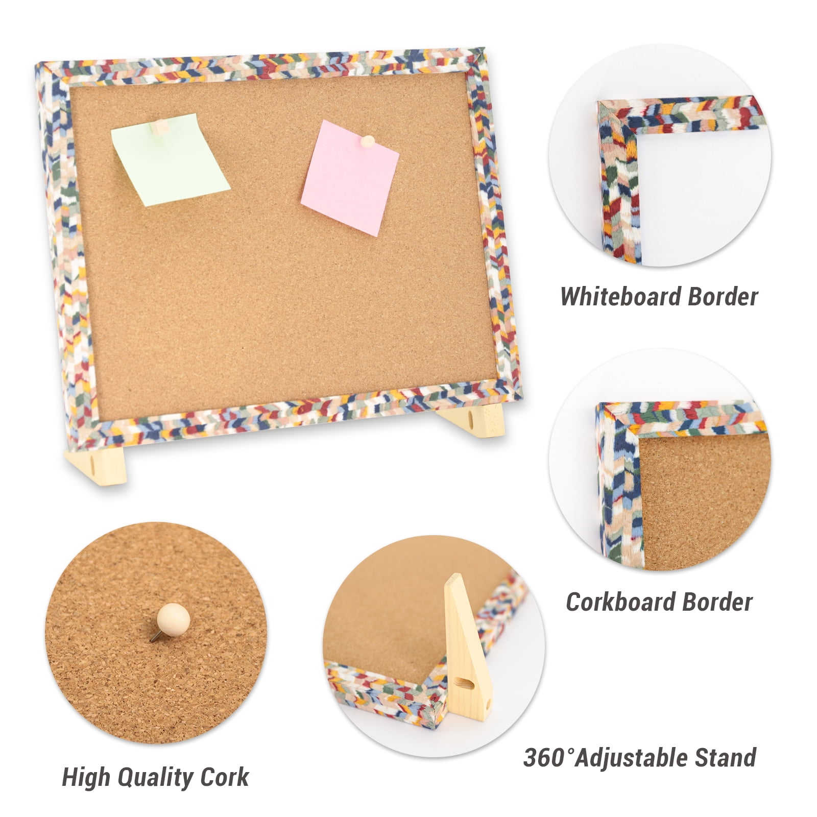 SHOOFFICE Combo Dry Erase Board & Cork Board, 16" x 12" Magnetic Corkboard with Stand, Boho Wooden Frame