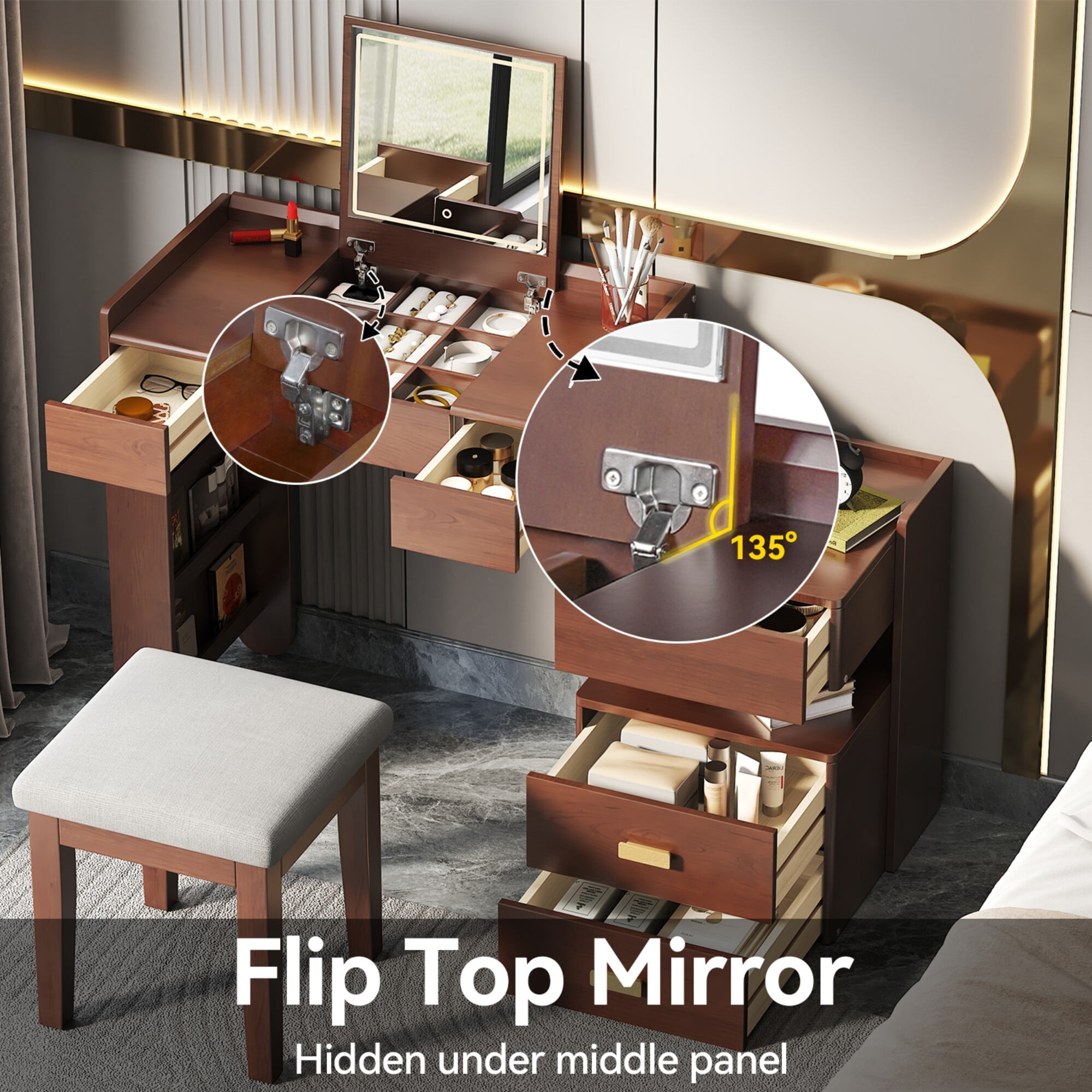 AENKYO Makeup Vanity Desk with LED Lights, Flip Mirror & Stool, 3-in-1 Dressing Table with Adjustable Cabinet, Walnut