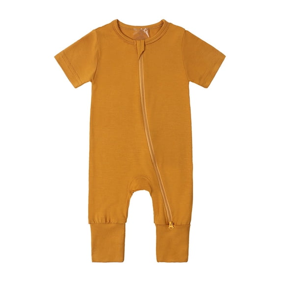 Ulitacool Summer Onesies For Boy Crewneck Rompers Footless Pajamas Zipper Short Sleeve Sleeper Solid Color Jumpsuit Elegant Wear Gold 0-3 Months