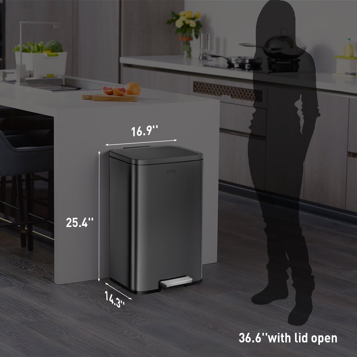 EKO Madison Matte Black 13.2 Gallon Step Trash Can, Fingerprint Resistant Kitchen Trash Can