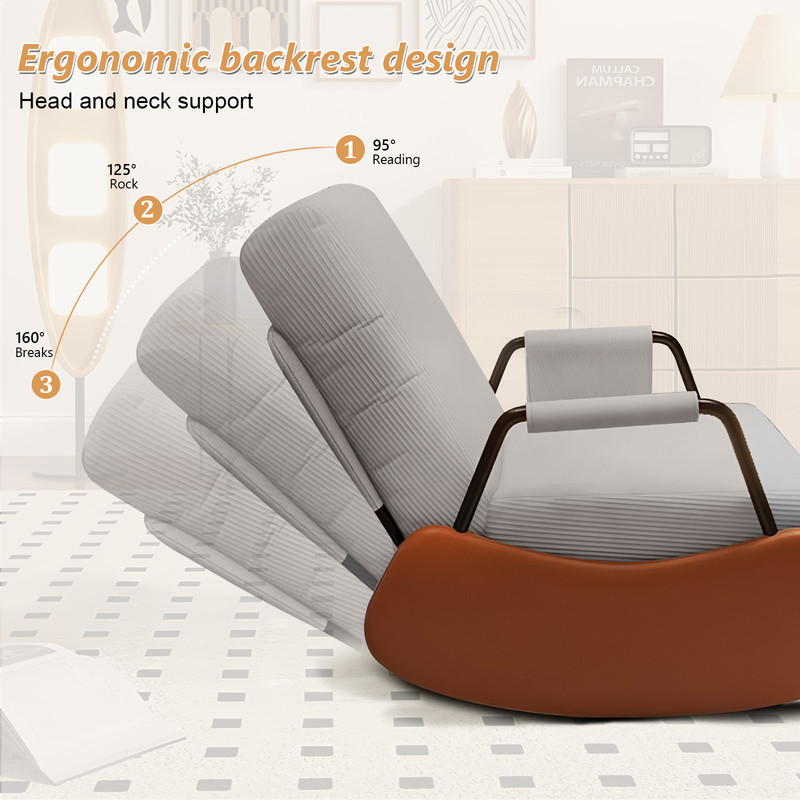 XUEGW Upholstered Glider Rocking Chair for Nursery, Soft Corduroy Accent Chair with Side Pocket & Adjustable High Backrest, Rocker with Footrest for Living Room Bedroom, Gray