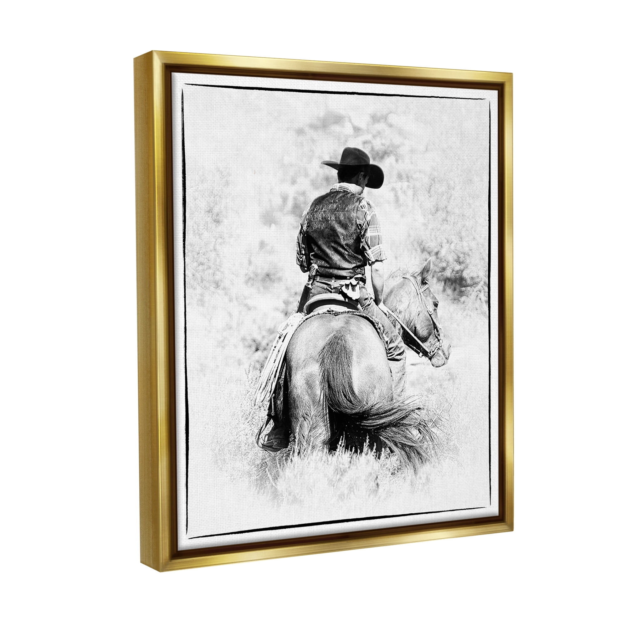 Stupell Industries Cowboy & Horse in Nature Animals & Insects Painting Gold Floater Framed Canvas Art Print Wall Art, 17 x 21