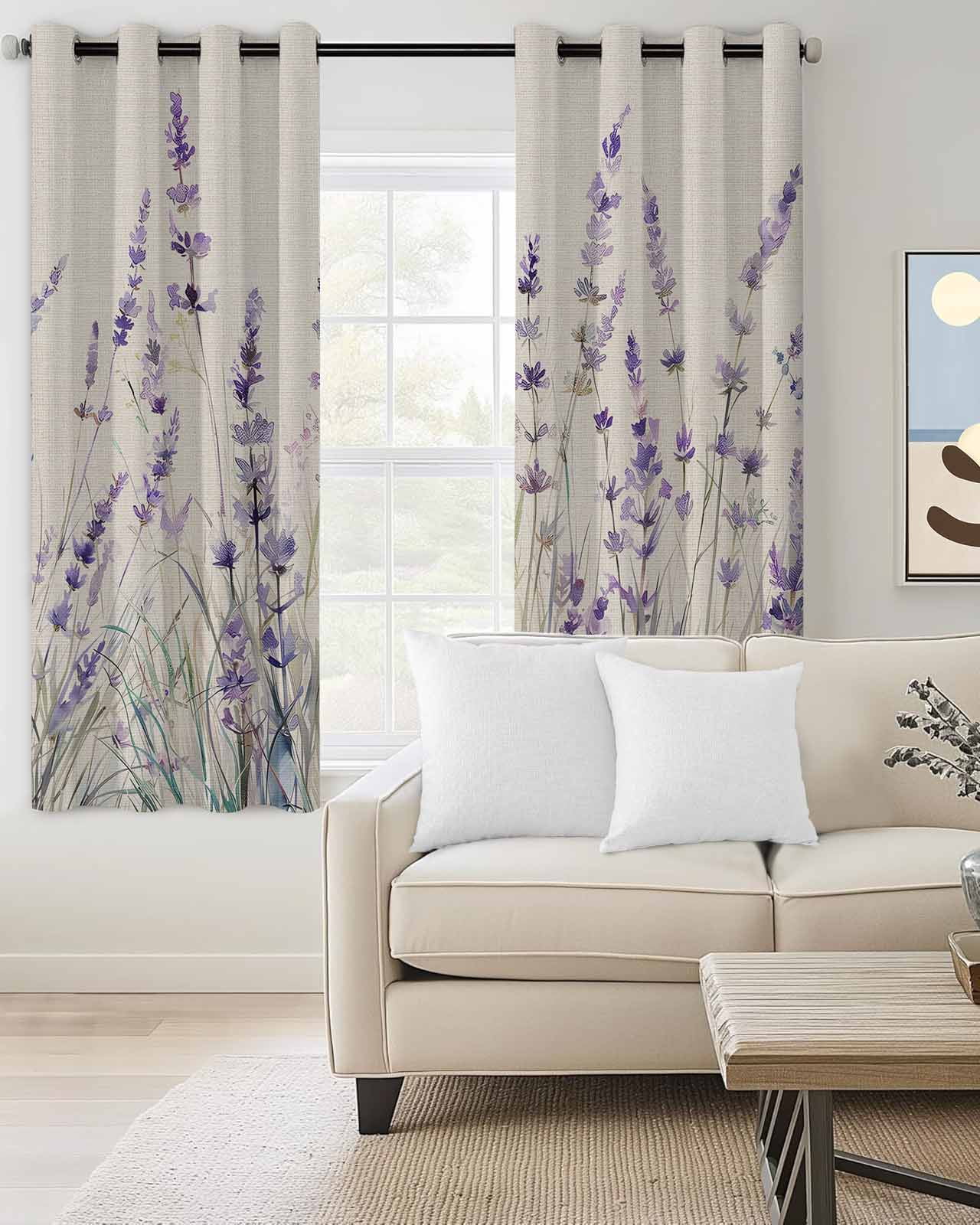 Spring Flower Blackout Curtains for Bedroom Living Room, Vintage Purple Lavender Linen Texture 84 In Long Thermal Insulated Room Darkening Drapes Grommet Window Treatments, 42 x 84 In