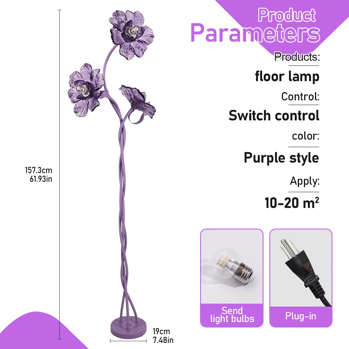 Vintage Flower Floor Lamp for Girls' Bedroom, Cute 3 Heads Floor Reading Light with Flexible Gooseneck, 3 Colors Crabapple Flower Modern Corner Standing Lamp for Living Room Office Home Decor (Purple