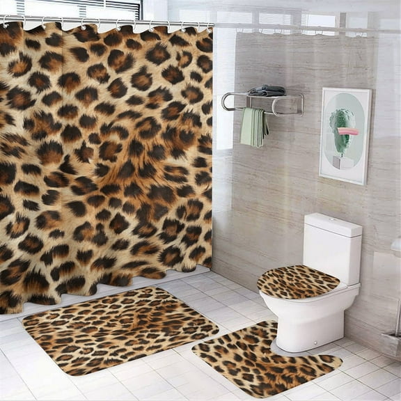 Animal Cheetah Print Shower Curtain Sets Non-Slip Rugs Bath Mat Toilet Cover U Shaped Mat 4 Pcs