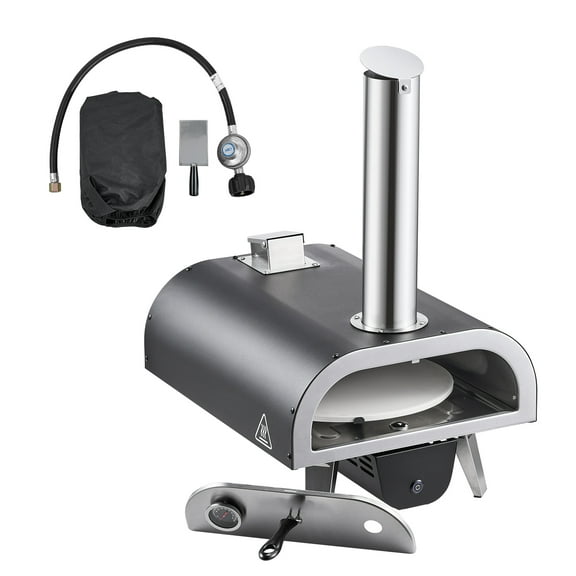 KFFKFF Dual Fuel Outdoor Pizza Oven, 12-inch Wood and Gas Pizza Cooker with Thermometer, Rotating Iron Plate for Camping and Backyard Use