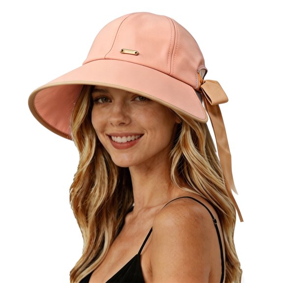 OOOUM Women Wide Brim Sun Hat Back Bow Decor Ponytail Friendly Lightweight Adjustable Outdoor Travel Beach Fisherman Hat Pink