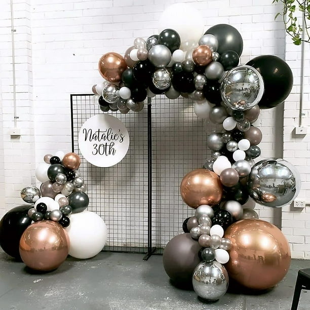 Kit de guirnalda de globos blancos y plateados negros, globos de fiesta Bobo de oro rosa negro con doble relleno para decoraciones de despedida de soltera, bodas y cumpleaños