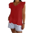 thumbnail image 2 of Womens Cute V Neck Ruffle Sleeveless Shirts Elegant Tank Tops Blouses Pleated Hem Casual Solid Color Tees Red, 2 of 5