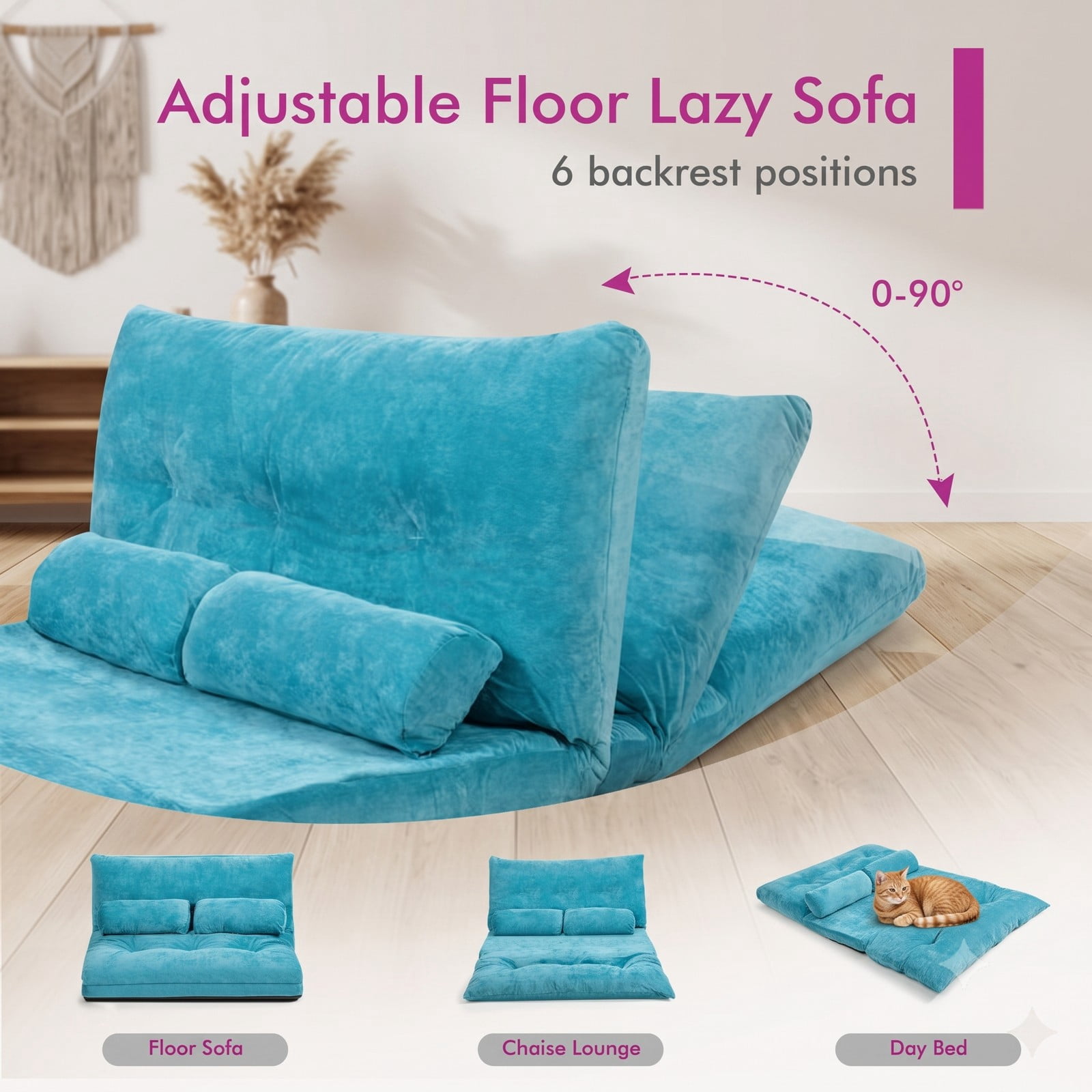 Furnibear 6-Position Adjustable Floor Sofa Bed, Foldable Sleeper Lounge Couch with 2 Pillows, Padded Corduroy Recliner Chair for Living Room Bedroom, 330 lbs, Blue