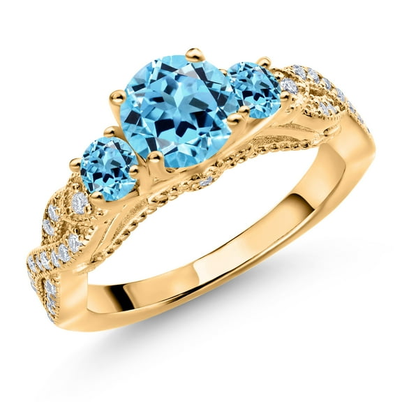Gem Stone King 18K Yellow Gold Plated Silver Swiss Blue Topaz and White Moissanite Engagement Ring for Women (1.57 Cttw, Gemstone November Birthstone, Round 6MM and 3MM, Size 7)