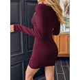 thumbnail image 6 of Womens Long Sleeve Sweater Dress V Neck Bodycon Mini Fall Dresses Trendy Ribbed Ladies Winter Sweater Wine Red M, 6 of 7