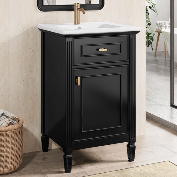 WGYPRIME 20" Bathroom Vanity with Ceramic Sink, Freestanding Bathroom Sink Cabinet with Tilt-Out Drawer and Door, Single Bathroom Cabinet for Small Bathroom