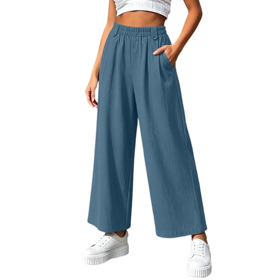 Guluxicc Womens Casual Cropped Pants Elastic Waist Wide Leg Trousers with Side Pockets Solid Color Sweatpants