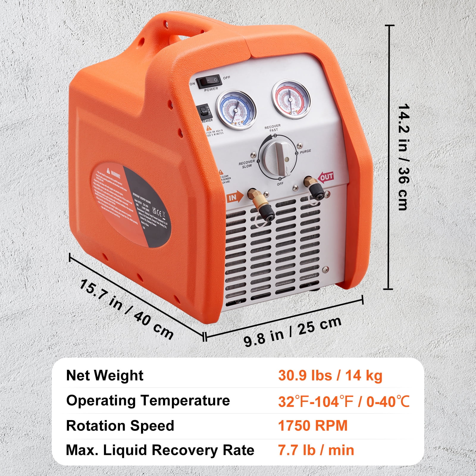 VEVOR Portable 1 HP Refrigerant Recovery Machine AC 120V 60Hz for Vapor Liquid Refrigerant with Self-cleaning Overcurrent Protection