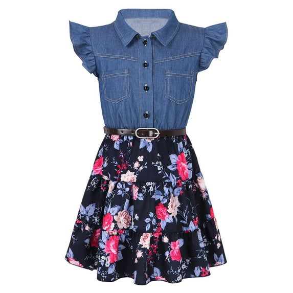 YONGHS Kids Girls Sleeveless Denim Floral Dress Summer Casual Sundress Navy Blue 8
