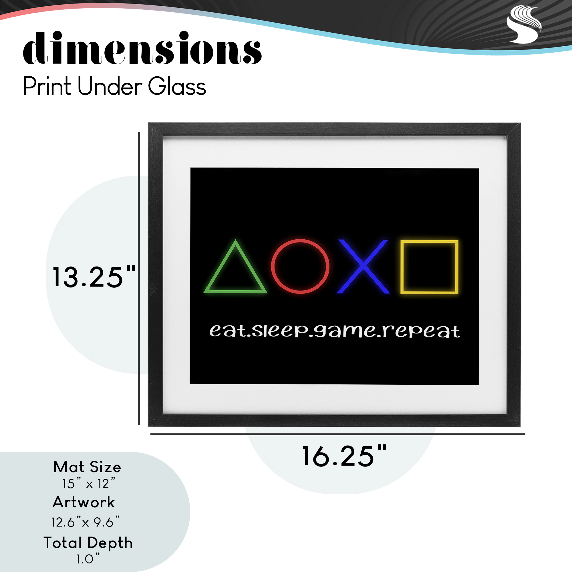 Neon Gaming Symbols & Words Black Framed Print Under Glass, design by Christine Simpson Art