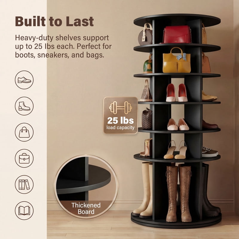 Homall 7-Tier 360° Rotating Shoe Rack, 23.6" Dia, 64.5" H, Holds 35 Pairs, Tall Boots & Handbag Storage