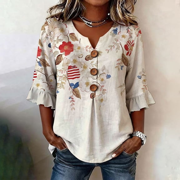 SOFTCCLO USA 250th Anniversary Merchandise Women 3/4 Sleeve V Neck Independence Day Print T-shirts 250th Button Up Stylish Top Beige L